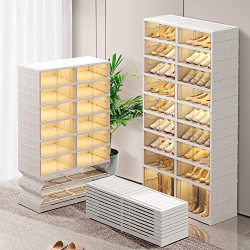 9-Tier Foldable Shoe Rack Organizer for Closet,36Pairs Collapsible Plastic Shoe Shelf,Large Shoes Cabinet with Door,Clear Stackable Storage Box Easy Assembly