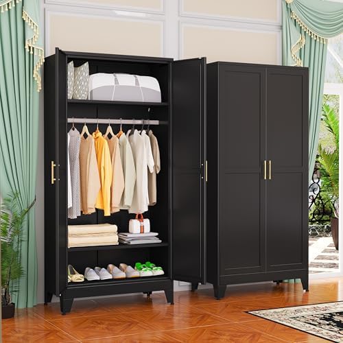 Metal Wardrobe Cabinet with Hanging Rod, 71" Metal Clothing Storage Cabinets with 2 Doors and Adjustable Shelves, Black Armoire Wardrobe Closet for Bedroom, Laundry Room, Cloak Room