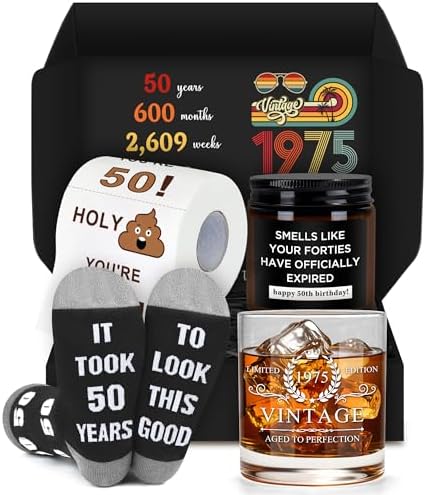 50th Birthday Gifts for Him Cool Gifts for 50 Year Old Man Happy 50th Birthday Decorations for Men Vintage 1975 Wine GlassToilet Paper Roll Novelty Socks Funny 50 Year Old Gift ideas for Mens