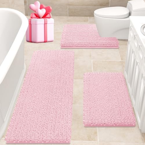 ACCUMTEK Upgrade Extra Large Pink Bathroom Rug Set 3 Pieces Ultra Soft, Thick Absorbent Bath Mats, Non Slip Chenille Toilet Mat for Bathroom, Bedroom, Kitchen