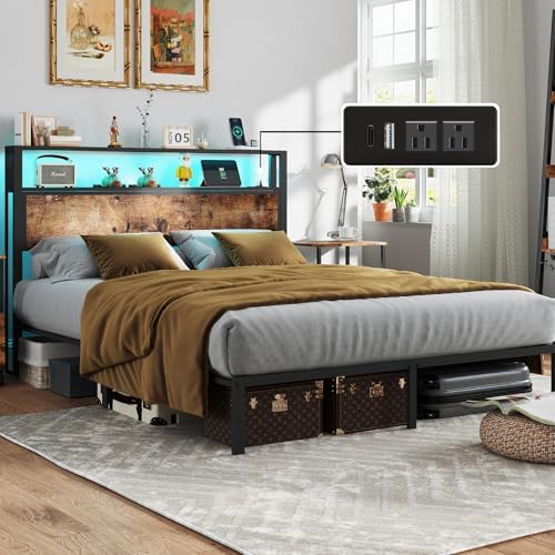 Queen Size Bed Frame with Headboard, Metal Platform Bed Frame with LED Lights & Charging Station, Under Bed Storage, Solid and Stable, No Box Spring Needed, Noise Free, Easy Assembly, Vintage Brown
