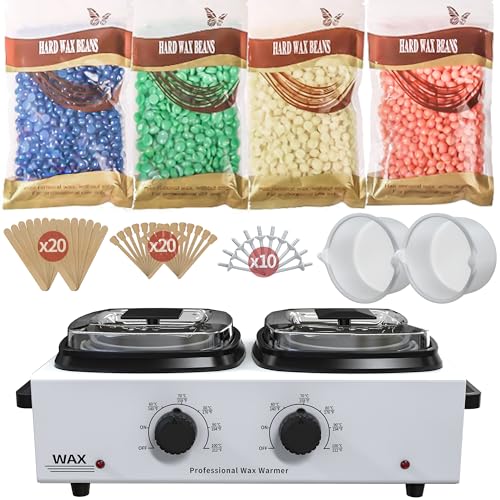 Large Waxing Kit with 4 Bags of Wax Beads 2 Silicone Bowl 40 Sticks 10 Nose Sticks, Wax Warmer Double Pot for Women Men Salon Home Hair Removal