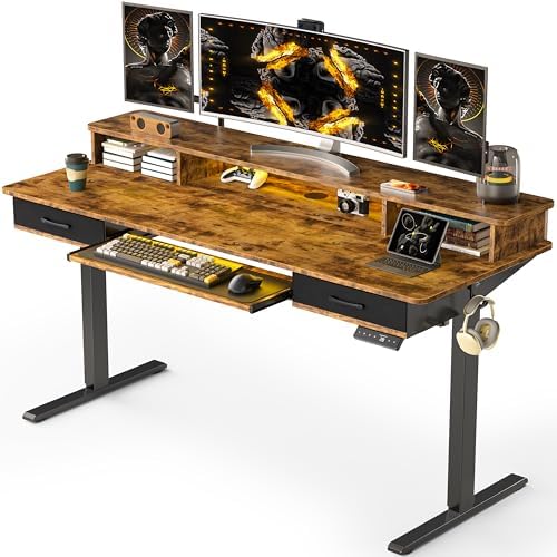 63x24 Inches Electric Standing Desk with Keyboard Tray, Height Adjustable Stand up Desk with 2 Drawers, Ergonomic Sit to Stand Desk with Storage Monitor Stand, Computer Table, Rustic Brown