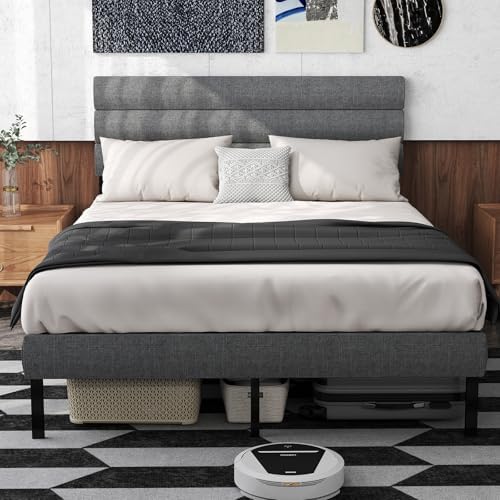 Queen Bed Frame with Linen Upholstered Headboard, Metal Platform Bed Frame Queen Size with 14" Underbed Storage, Metal Slats Support, Noise Free, No Box Spring Needed, Easy Assembly, Grey