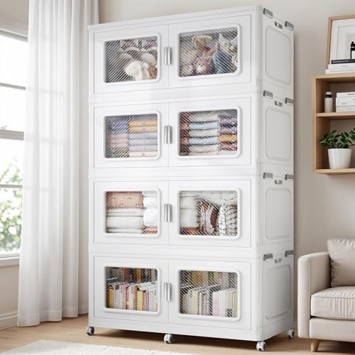 BROVIEW 1200 Qt Stackable Storage Bin with Lid, 300Gal Extra Large Collapsible Storage Boxes, Folding Plastic Drawer, Heavy-Duty Store Cabinet, Closet Organizer for Home Kitchen, 4 Pack White