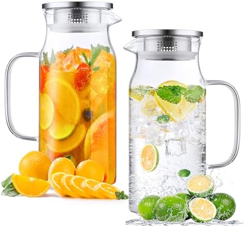 2 Pack 1.2 Liter 40 oz Small Glass Pitcher with Lid and Spout, Glass Carafe Water Pitcher for Hot/Cold Water, Iced Tea, Drinks, Coffee, Juice and Homemade Beverage