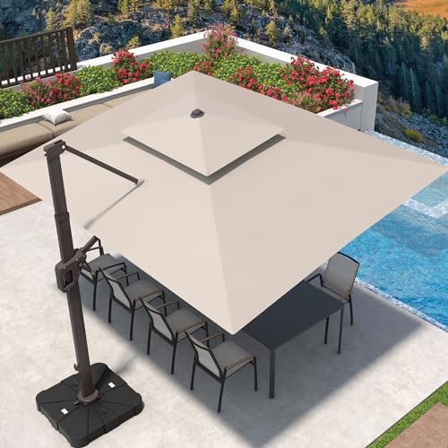 9' X 12' Cantilever Patio Umbrella 360°Rotation Rectangular Outdoor Large Offset Umbrellas Double Top Heavy Duty Windproof for Garden Deck Pool Backyard, Beige