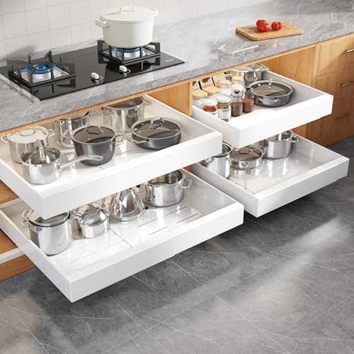 4 Pack Expandable Width (15.15"-26.3") Pull Out Cabinet Organizer 21" Deep with Raising Pad for Framed Cabinets, Upgrade 3 Slide Rails Slide Out Drawers, Roll Out Shelves Adhesive, White