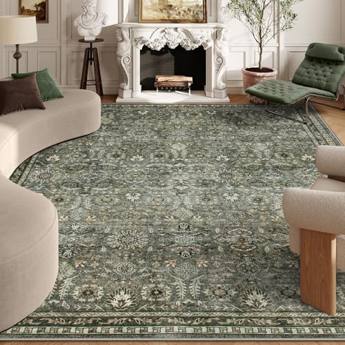 Lahome Green 10x14 Area Rugs for Living Room, Washable Vintage Large Floor Rugs for Bedroom, Rubber Backed Non-Slip Carpet for Dining Room Office