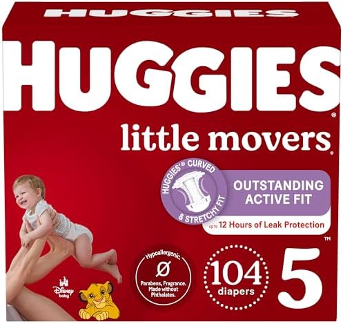 Huggies Size 5 Diapers, Little Movers Baby Diapers, Size 5 (27+ lbs), 104 Count