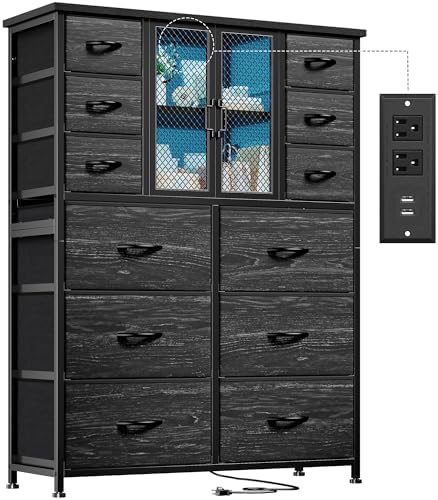 EnHomee Dresser for Bedroom with Charging Station & LED Light, Large Dresser for Hallway, Living Room, Entryway, Metal Frame, Black Dressers & Chest of Drawers, 50.6" H x 37.8" W x 11.8" D
