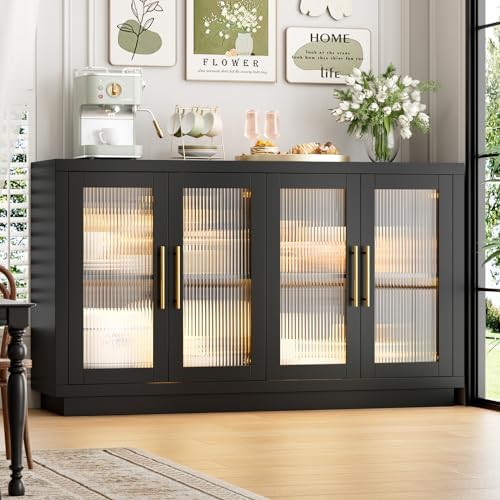 FOTOSOK Buffet Cabinet with Storage, 55.1" Large Sideboard Buffet Table, Modern Sideboard Kitchen Cabinet with 4 Fluted Glass Doors, Wood Coffee Bar for Kitchen, Black