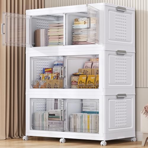 BROVIEW 600Qt Plastic Storage Bins with Lid and Wheels, 3Pack Extra Large Stackable Storage Bins with Dividers,Closet Organizers and Storage Cabinet Collapsible Box Shelves for Home Kitchen,White