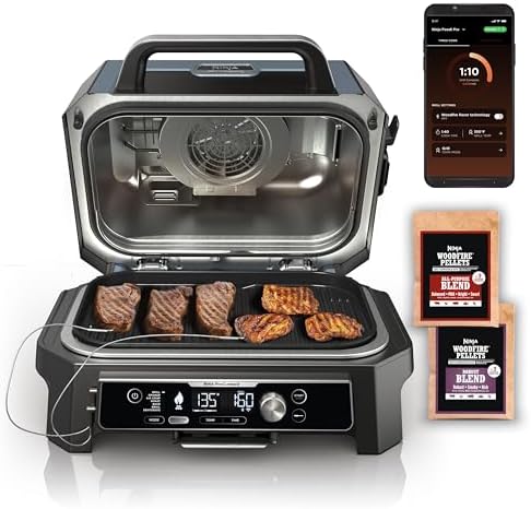 Ninja OG951 Woodfire Pro Connect Premium XL Outdoor Grill & Smoker, Bluetooth, App Enabled, 7-in-1 Master Grill, BBQ Smoker, Outdoor Air Fryer, Woodfire Technology, 2 Built-In Thermometers, Black