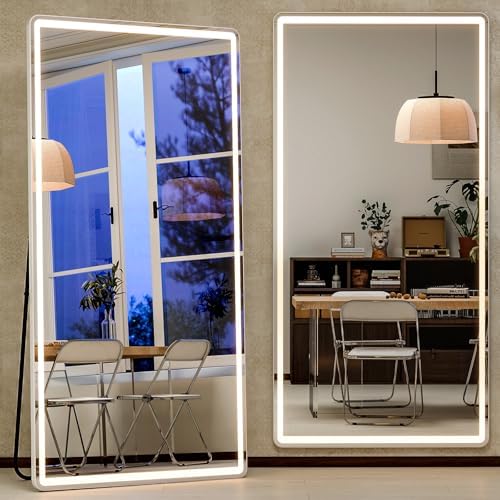 GLSLAND 26"x68" LED Full Length Mirror - Full Body Mirrors with Lights Dimmable 3 Color Lighting Floor Standing Mirror Hanging for Bedroom Living Room Cloakroom,White