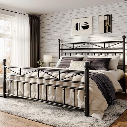 EnHomee 54" Metal King Bed Frame with Tall Headboard & Footboard, LED Light King Bed Frame, Strong Metal Slats Support and Noise-Free Design with Under Bed Storage/No Box Spring Needed/Black