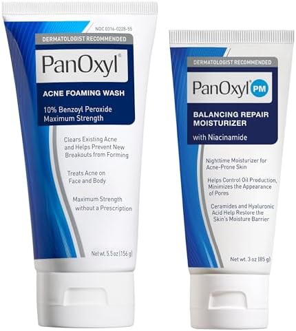 Bundle of PanOxyl Acne Foaming Wash Benzoyl Peroxide 10% Maximum Strength Antimicrobial, 5.5 Oz + PanOxyl PM Balancing Repair Moisturizer with Niacinamide, Ceramides and Cica, 3 oz
