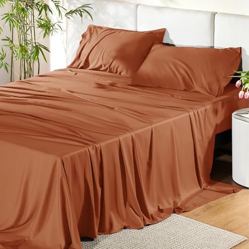 Bedsure Queen Sheet Set, Cooling Sheets for Queen Size Bed Set, Rayon Derived from Bamboo, Breathable & Soft Deep Pocket, Hotel Luxury Silky Bedding, Bedsheet & Pillowcases, Burnt Orange