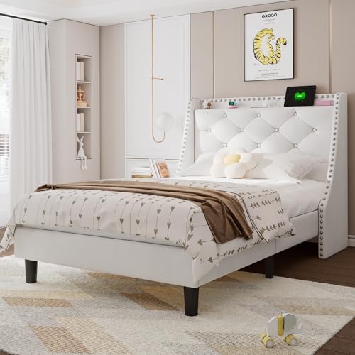 Feonase Velvet Twin Bed Frames with Luxury Wingback and Fast Charging Station,Twin Size Upholstered Button Tufted Storage Headboard Platform Bed,Wooden Slats Support,Noise-Free,Easy Assembly,White