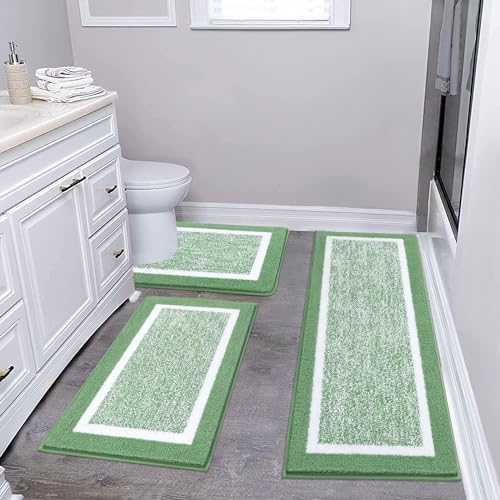 Pauwer Bathroom Rug Mat Set 3 Piece, Microfiber Shaggy Bath Set, Non-Slip Ultra Soft Carpet Mats, Absorbent with U-Shaped Toilet for Bathroom, Tub, Shower, Green