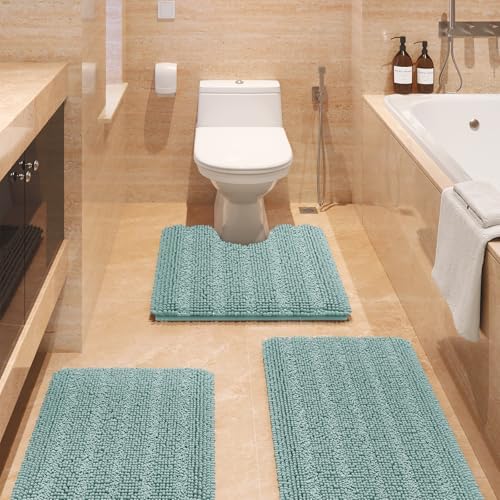 Striped Eggshell Blue Bathroom Rug Set 3 Pieces Ultra Soft, Non Slip Chenille Bath Carpet, Absorbent Plush Shaggy Bath Mats for Bathroom, Toilet, Bedroom, Kitchen
