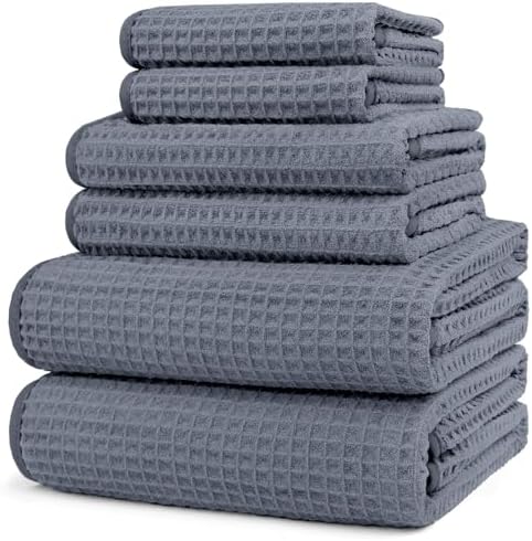 HOMEXCEL 6 Piece Premium Towels Set, 2 Bath Towels, 2 Hand Towels, and 2 Wash Cloths, Soft, Highly Absorbent and Quick Dry Microfiber Waffle Towel for Bathroom, Gym, Shower, Hotel, and Spa, Grey