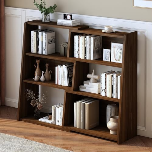 IOTXY Wooden Extendable Shelf Bookcase - 3-Tier Ladder Low Short Bookshelf for Small Space or Corner, Dark Walnut, S