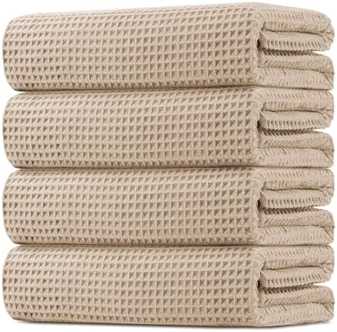 HOMEXCEL Waffle Bath Towels Set 4 Pack, Premium Microfiber Bathroom Towels, Ultra Soft, Lightweight, Highly Absorbent and Quick Dry Towel for Bathroom, Gym, Shower, Hotel, and Spa, 27 x 54 Inch, Beige