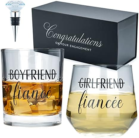 Engagement Gifts for Couples - Unique Fiance Gifts for Him or Her! Whiskey Wine Glasses with Diamond Wine Stopper