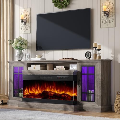 AMERLIFE 75in 3-Sided Glass Fireplace TV Stand with LED Lights for TVs up to 85", Rustic Fireplace Media Entertainment Center Console Cabinet Table with Glass Door Closed Storage, Wash Gray