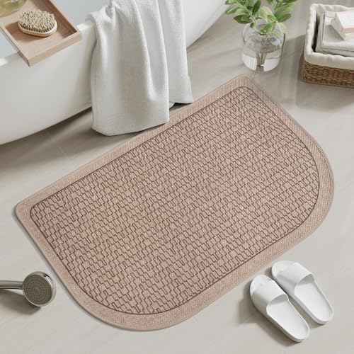 Bathroom Rugs Mat 16x24, Ultra Thin Quick Dry Absorbent Non Slip Bath Mat, Bath Mats for Bathroom Mat Bathroom Carpet Fit Under Door, Woven Washable Floor Rubber Half Round Bath Rugs, Brown
