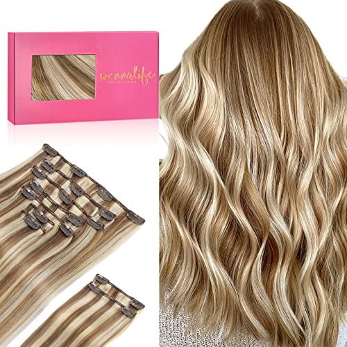 WENNALIFE Hair Extensions Clip In, 9pcs 22inch 150g Ash Brown Highlighted Golden Blonde Thicker Clip In Hair Extensions Real Human Hair Remy hair extension Double Weft Clip in Human Hair Extensions