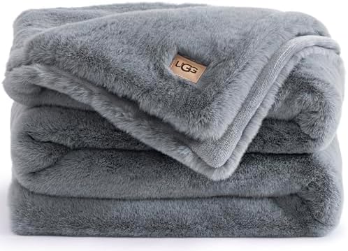 UGG Plush Faux Fur Throw Blanket Reversible Medium Weight Luxury Soft Throw Blankets for Bed or Chair, Hypoallergenic, Machine Washable, Home Decor, 50-inch x 70-inch, Chambray Blue Grey (Euphoria)