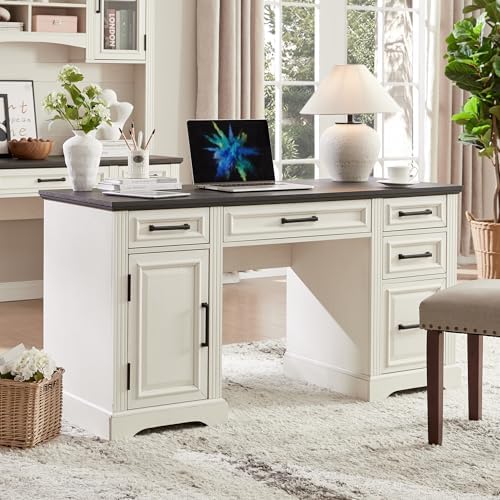 JXQTLINGMU 58" Executive Desk, Farmhouse Computer Desk with Drawers and Cabinet, Embossed Texture Home Office Desk w/Charging Station, Workspace for Work Study Writing, Off White