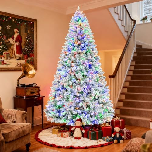 Hykolity 7.5 ft Prelit Snow Flocked Christmas Tree, 1446 Hinged Branch Tips Christmas Tree, 450 Color Changing LED Lights, 10 Colors, Full Snowy Appearance, Easy Assembly, Metal Stand