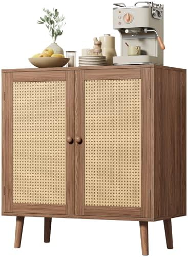 Huuger Buffet Cabinet with Storage, Storage Cabinet with Synthetic Rattan Decor Doors, Accent with Solid Wood Feet, Sideboard for Hallway, Entry, Living Room, Walnut
