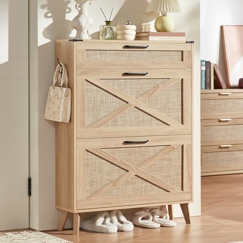 LEYAOYAO Shoe Storage Cabinet for Entryway with 2 Rattan Flip Drawers, Boho Narrow Shoe Cabinets for 16-20 Pairs Shoes with Large Drawers, Hidden Slim Shoe Rack with Wood Legs for Hallway, Natural Oak