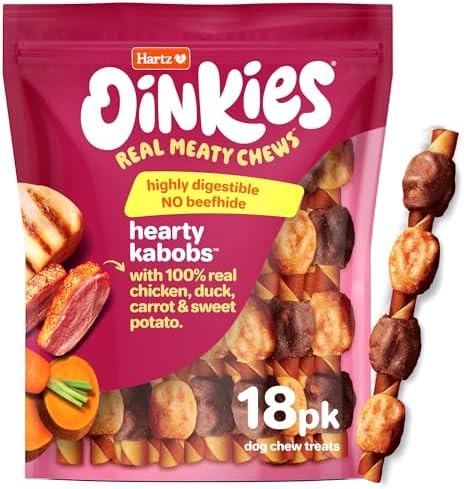 Hartz Oinkies Hearty Kabob with Real Chicken, Duck, Sweet Potato Rawhide-Free Dog Treats, Highly Digestible Long Lasting Dog Chews, 18 Count