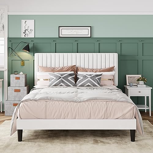 Allewie Full Bed Frame, Velvet Upholstered Platform Bed with Adjustable Vertical Channel Tufted Headboard, Mattress Foundation with Strong Wooden Slats, Box Spring Optional, Easy Assembly, White