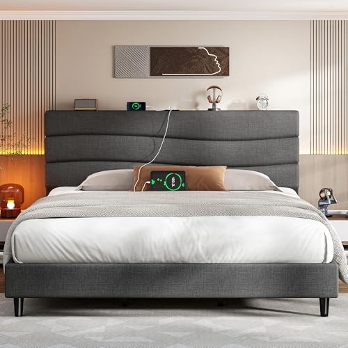 EnHomee King Size Bed Frame with Fabric Upholstered Headboard, King Bed Frame with Storage Headboard and 3 Charging Stations, Wooden Slats, Noise-Free, No Box Spring Needed, Grey