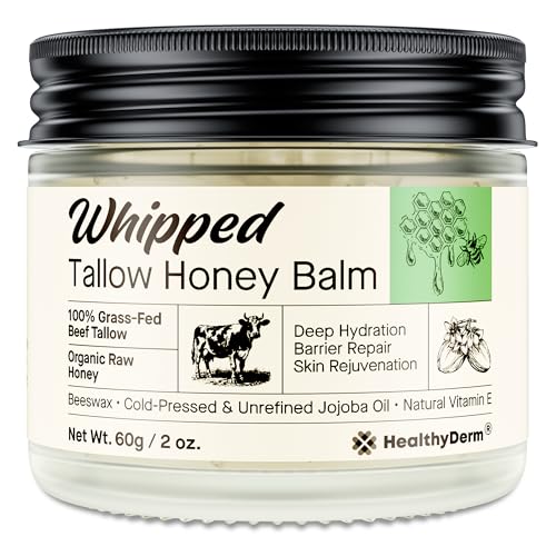 Beef Tallow Honey Balm for Skin: 100% Grass Fed Whipped Organic Moisturizer with Organic Raw Honey, Jojoba Oil, Vitamin E – Natural Face and Body Care for Mature, Dry or Sensitive Skin, 2oz