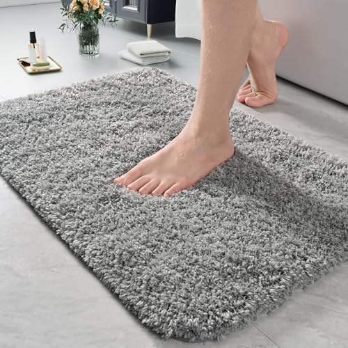 LOCHAS Bathroom Rug 24x17 Inch, Soft Thick Absorbent Polyester Bath Rugs for Bathroom, Machine Washable, Shaggy Plush Non Slip Bath Mat for Tub, Shower Floor, Quick Dry Mats, Grey