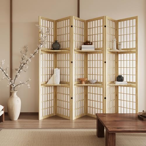 5.6FT Room Divider and Folding Portable Partition Screen, Chinese Japanese Shoji Style with Three Display Shelves for Room Separation - 6 Panel (Natural)