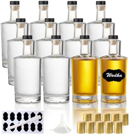 12 Pack 3 oz Glass Liquor Bottles with T-Top Black Caps and Heat Shrink Capsules, Empty Mini Vodka Bottles, Travel Shots Bottle for Wine, Alcohol, Whiskey, Beverages
