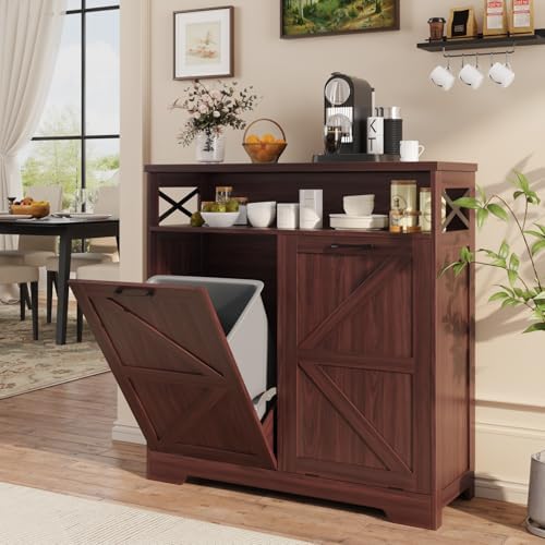 Double Tilt Out Trash Can Cabinet for 13 * 2 Gallon Garbage Can, Farmhouse Kitchen Garbage Trash Bin for Hidden Laundry Basket, Dual Dog Proof Recycling Cabinet for Living Room, Dark Brown