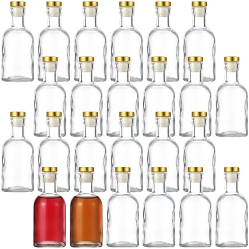 24 Pack Clear Glass Bottles 3.4 oz, Glass Liquor Bottles with T-Top Caps, Mini Wine Glass Bottle with Cork, 100ml Glass Container for Beer, Juice, Oil, Sauce