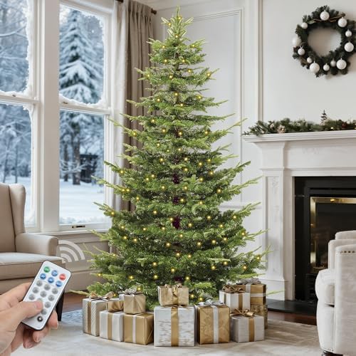 GOOBED Prelit Aspen Fir Christmas Tree 7.5ft with Remote Control, Pre-lit Hinged Xmas Tree with Glittering Diamond Tips, Holiday Decor for Holidays, Parties, Green