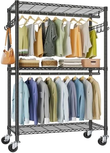 VIPEK R2 Plus Heavy Duty Rolling Garment Rack 3 Tiers Adjustable Wire Shelving Clothes Rack with Double Rods and Side Hooks, Freestanding Wardrobe Storage Rack Metal Clothing Rack, Black