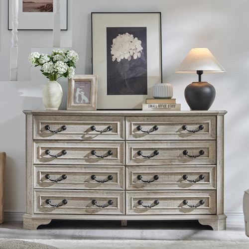 T4TREAM Farmhouse 8 Drawers Dresser for Bedroom, 54" Wide Wood Rustic Chest of Drawers with Natural Texture, Vintage Design, Storage Dressers Organizer for Bedroom, Living Room, Light Rustic Oak