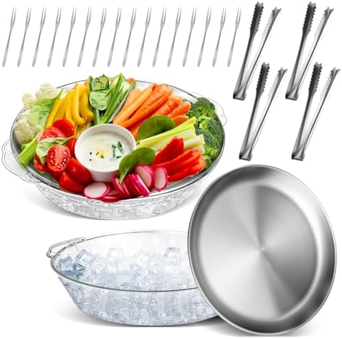 Baderke 2 Sets 11.8" Chilled Serving Tray for Parties Round Iced Platter with Ice Underneath Stainless Steel Clip Fruit Fork Shrimp Cocktail Serving Dish for Oysters Crawfish Fruits (Original)